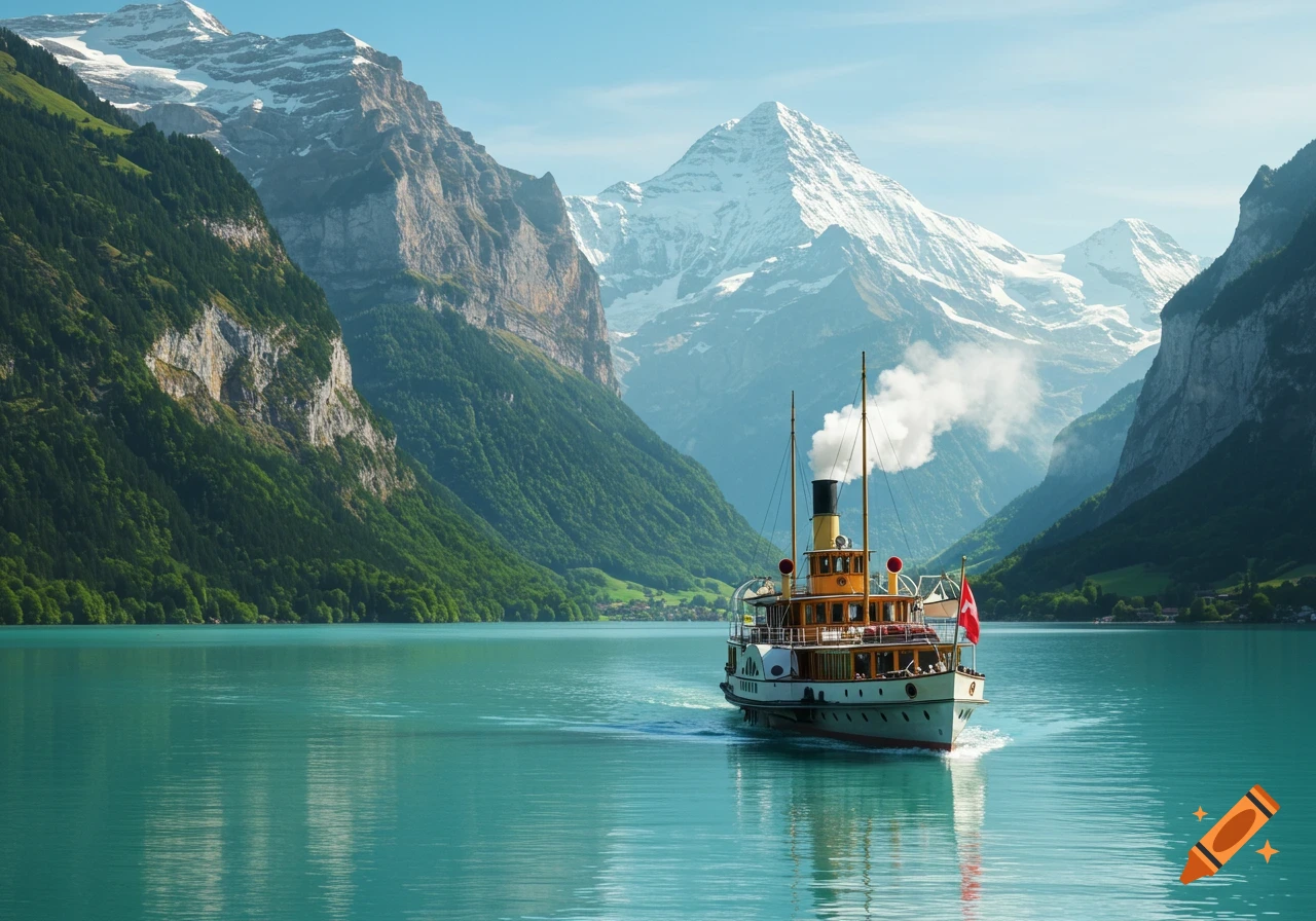 Vintage steamboat cruises on a turquoise mountain lake, surrounded by lush green and snow-capped peaks under a clear sky.