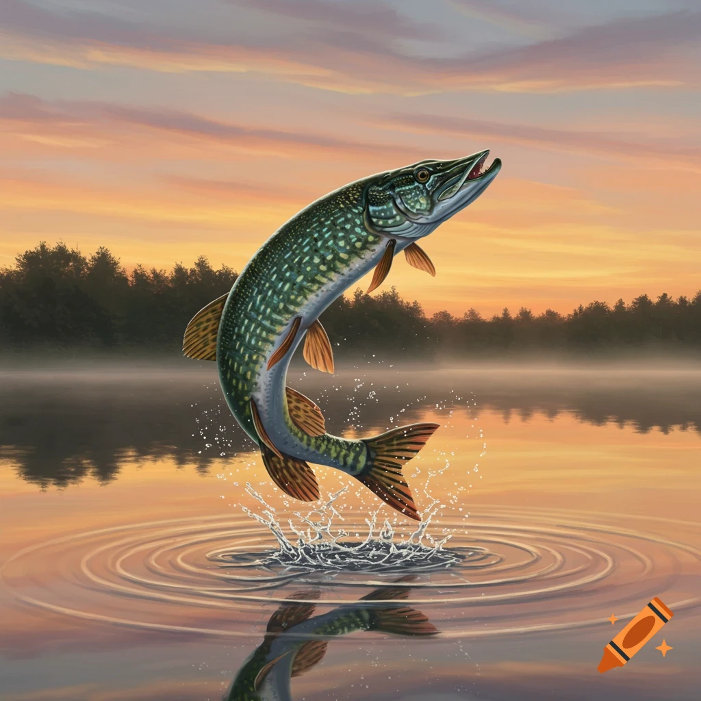 A vibrant green pike with orange fins leaps from still water, creating splashes, against a warm sunset sky and dark treeline.
