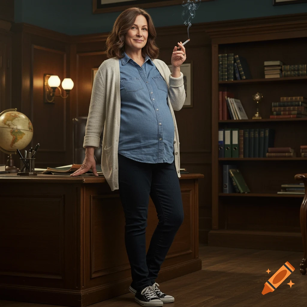 A pregnant woman with brown hair, wearing a denim shirt, white cardigan, and black jeans, smokes a cigarette in an office.