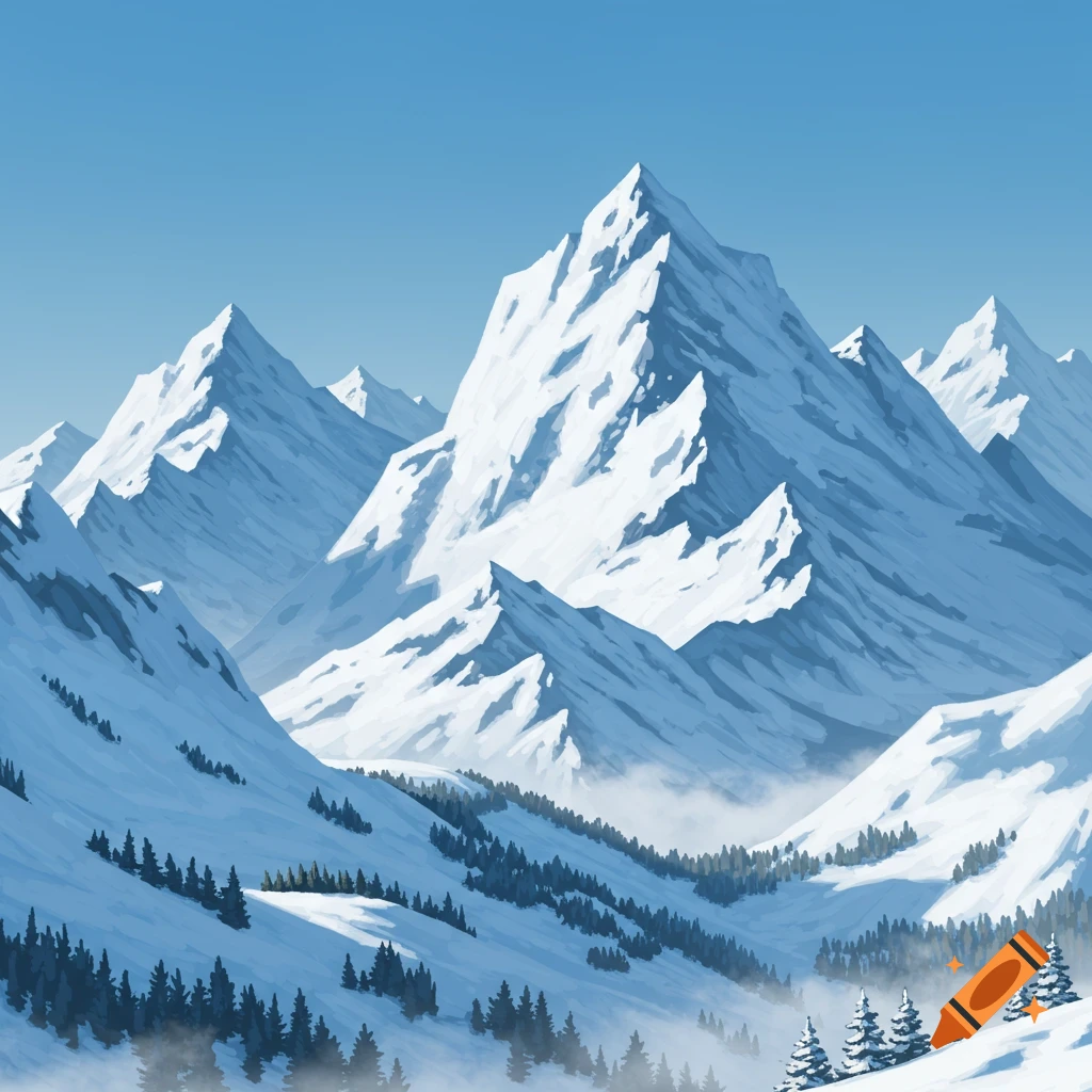 A stylized painting of majestic snow-capped mountains and valleys filled with evergreen trees under a clear blue sky.