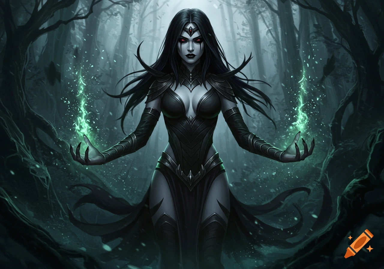 Dark-haired sorceress with red eyes and pale skin, wearing black armor, conjuring green magic in a misty forest.