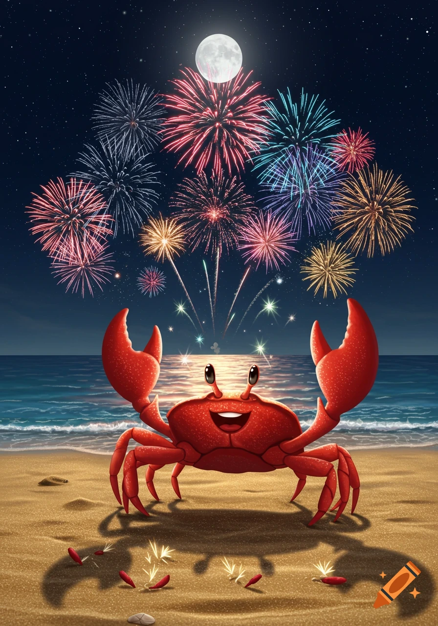 A cute red cartoon crab on a sandy beach at night, smiling as colorful fireworks burst in the sky above the ocean and a full moon.