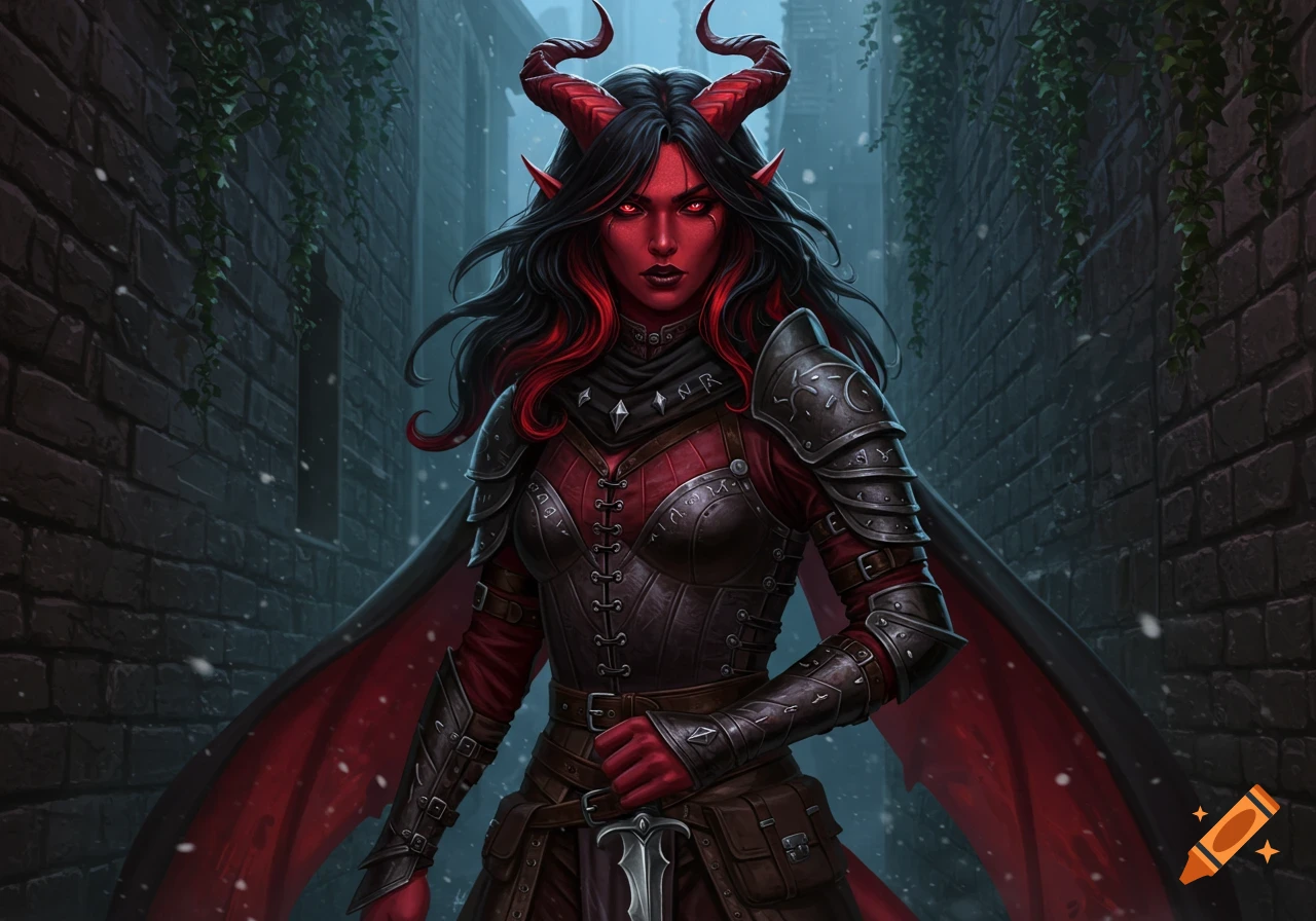 A red-skinned Tiefling rogue with horns, black and crimson hair, in dark armor, stands in a snowy alley.