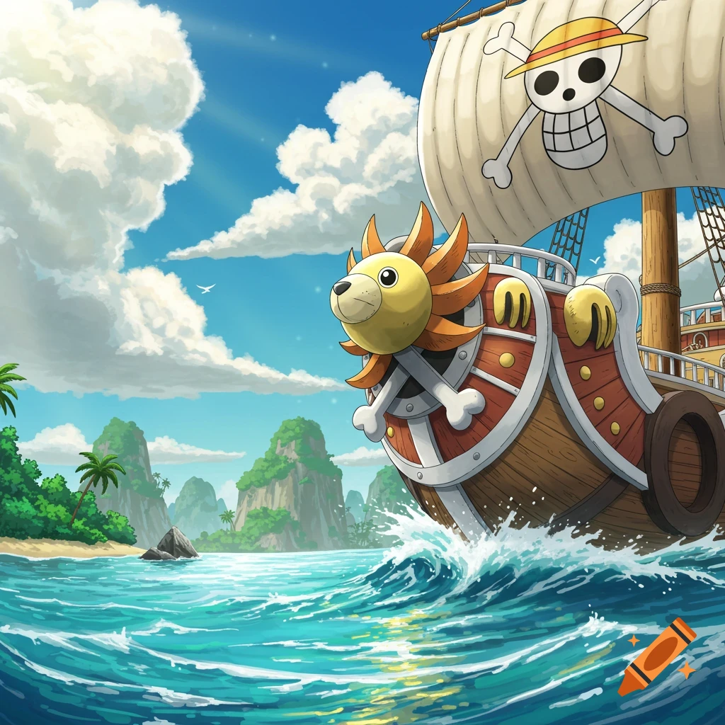 Anime illustration of the Thousand Sunny ship sailing on a blue ocean near a tropical island under a sunny sky.