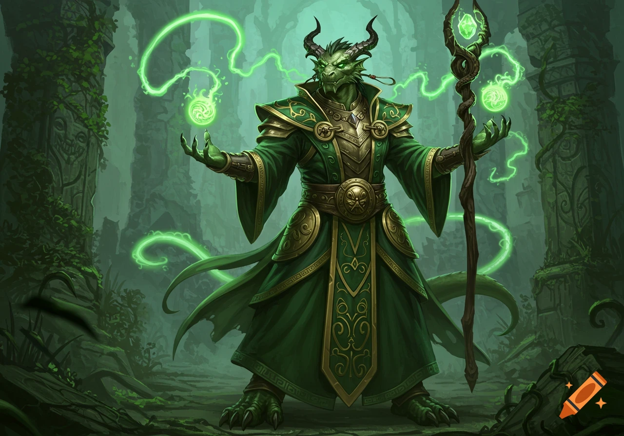A green dragonborn sorcerer in ornate robes casts glowing green magic in a misty, overgrown forest ruin, holding a staff.