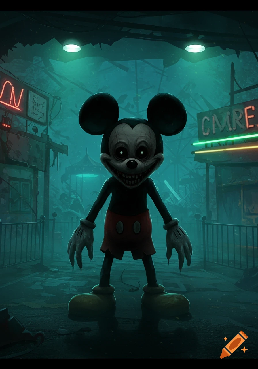 Creepy, distorted Mickey Mouse with glowing white eyes and sharp teeth stands in a dark, abandoned amusement park with neon signs.