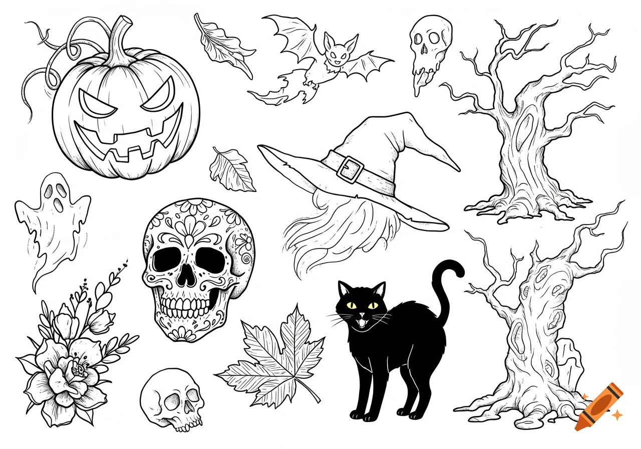 A flash sheet of black and white Halloween linework illustrations featuring a jack-o'-lantern, skulls, a ghost, a witch hat, a bat, dead trees, and a black cat.