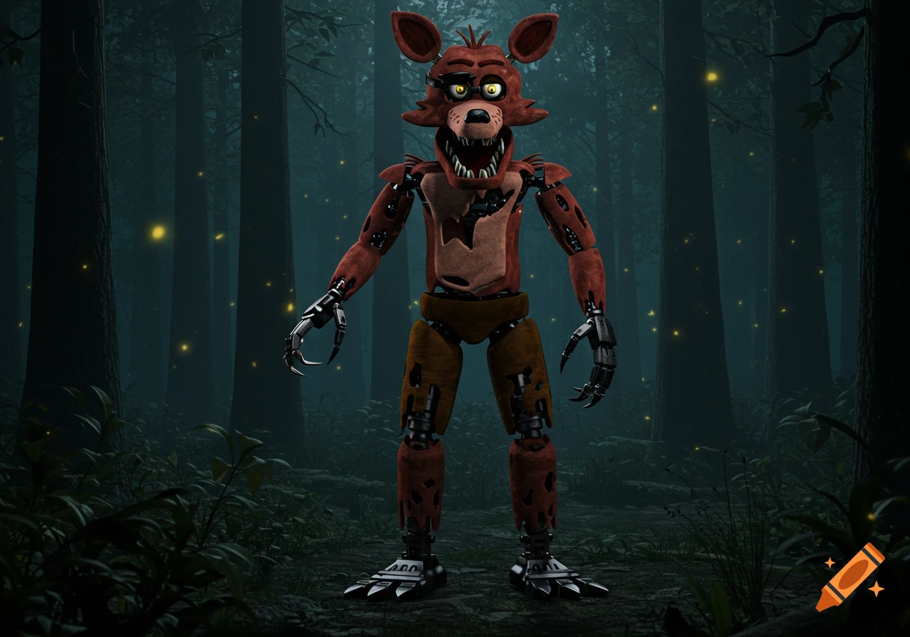 A menacing, Foxy-like animatronic with sharp teeth and claws stands in a dark, mystical forest with fireflies.