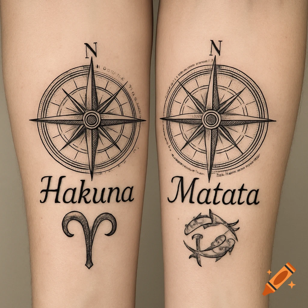 Two arms with matching compass tattoos, one reading 'Hakuna' with an Aries symbol, the other 'Matata' with a Pisces symbol.