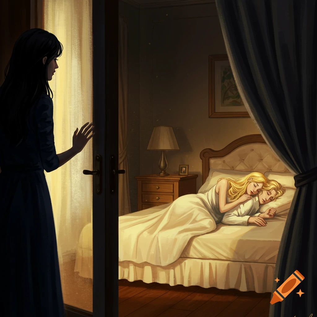 An illustration of a black-haired woman in a doorway sadly observing a blonde couple sleeping in a dark bedroom.