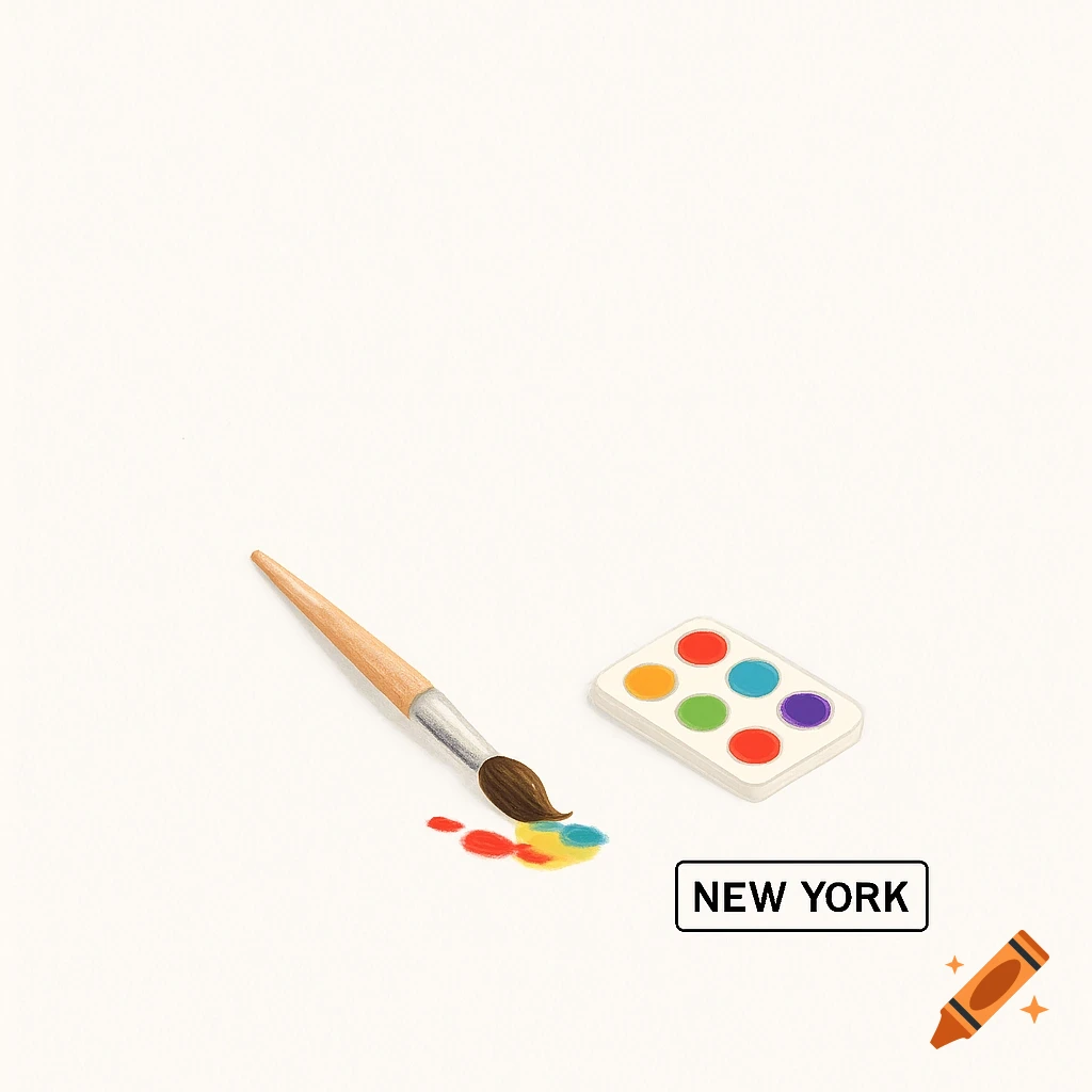 A paintbrush with colorful paint, a paint palette, and a "NEW YORK" stamp on a plain white background.