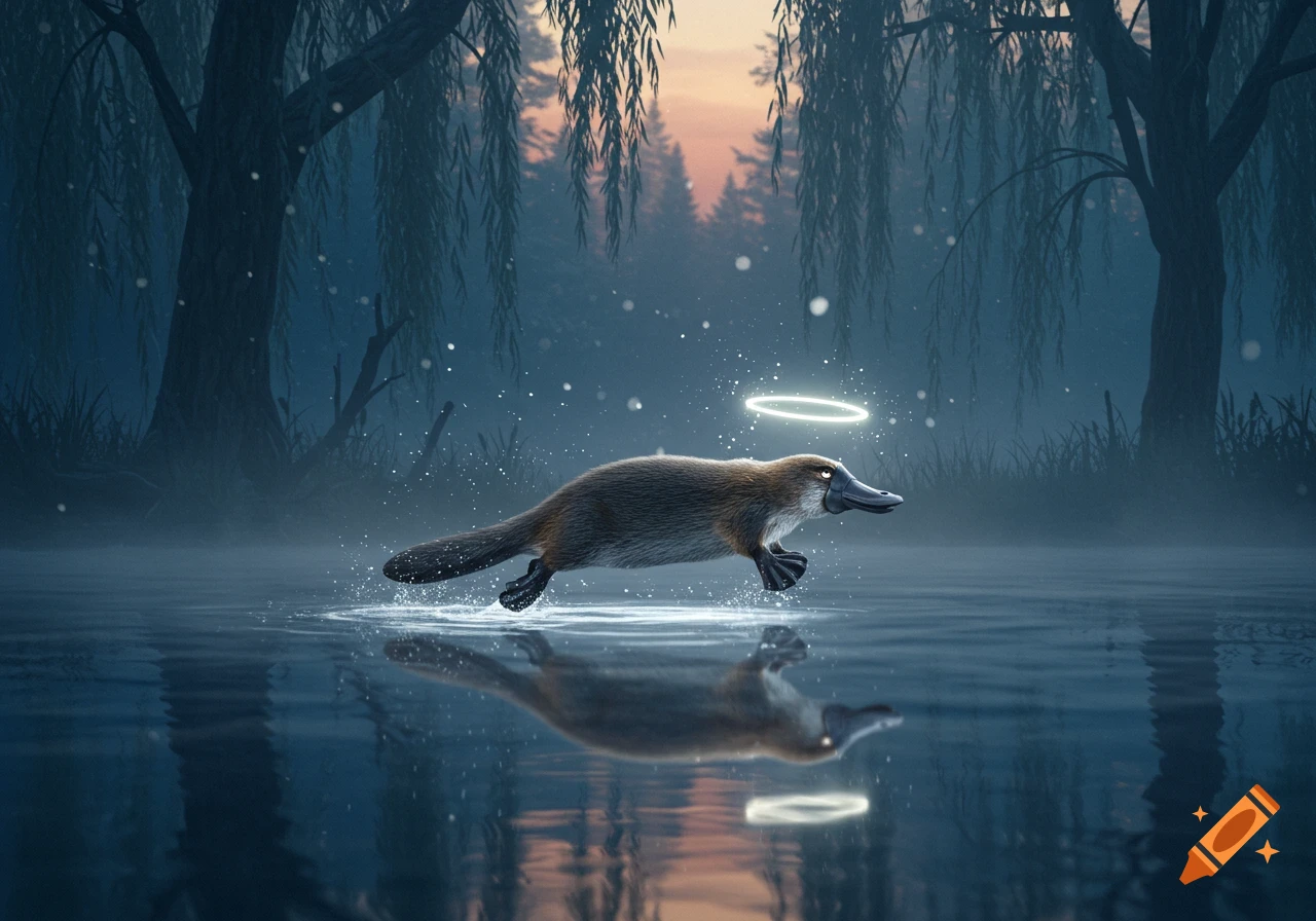 A photorealistic platypus with a glowing halo jumps from misty water in a dark forest at dusk, with reflections.