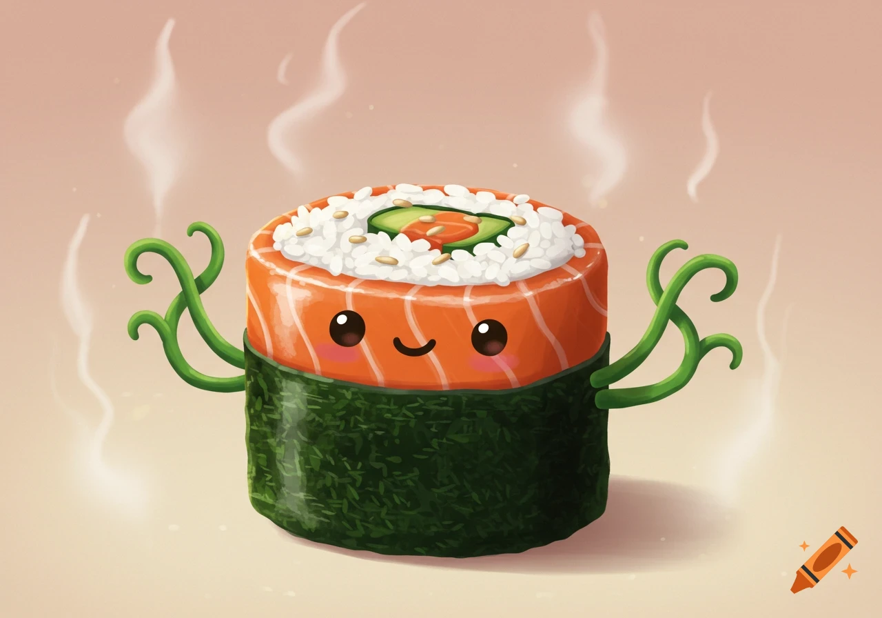 A cute, smiling sushi roll with green seaweed tendrils for arms, against a warm, plain background.