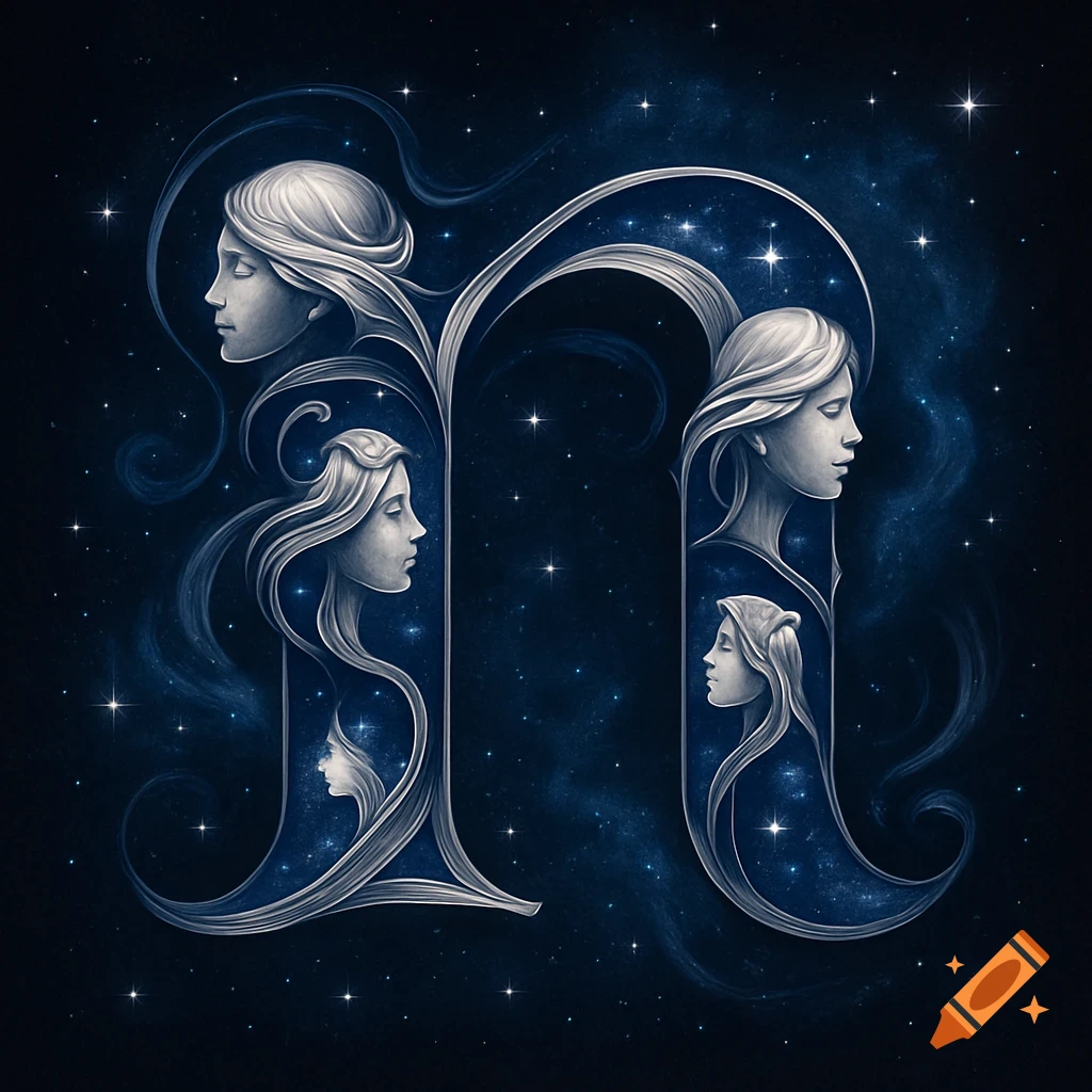 Stylized capital letter 'n' formed by intertwined silver-white female profiles with flowing hair, against a dark blue starry night sky and nebula.
