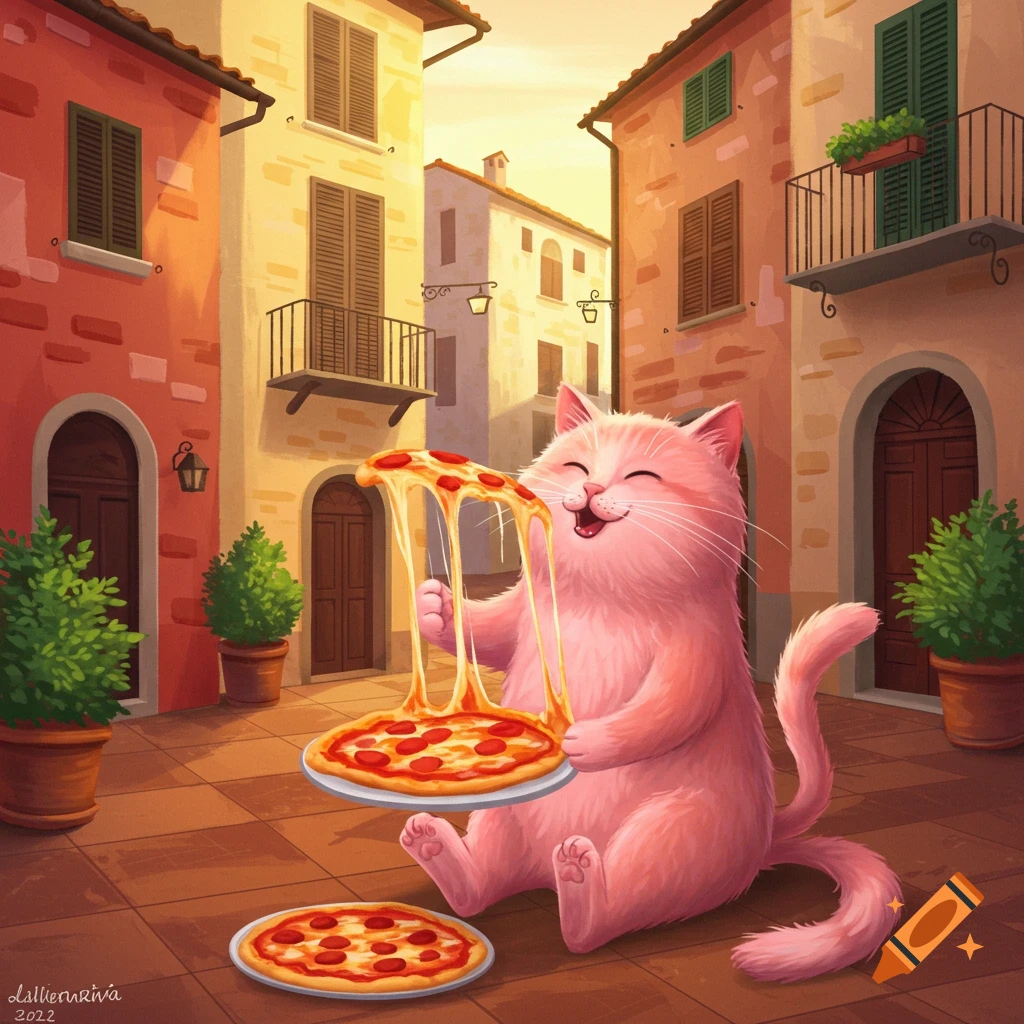 A happy pink cartoon cat sitting in an Italian street, enthusiastically eating a cheesy pizza slice while holding another whole pizza.
