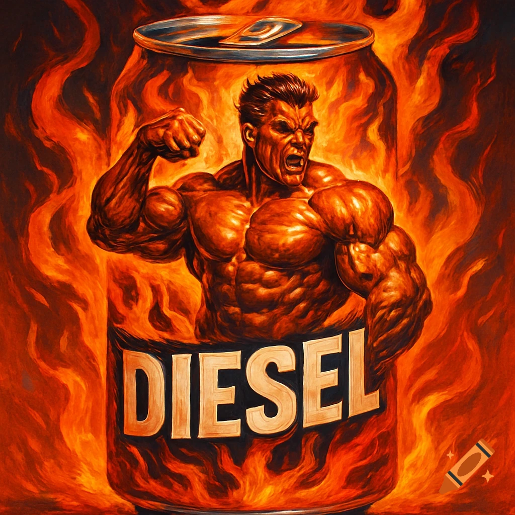 A stylized digital painting shows a buff, muscular man flexing, engulfed in flames inside a soda can labeled "DIESEL".