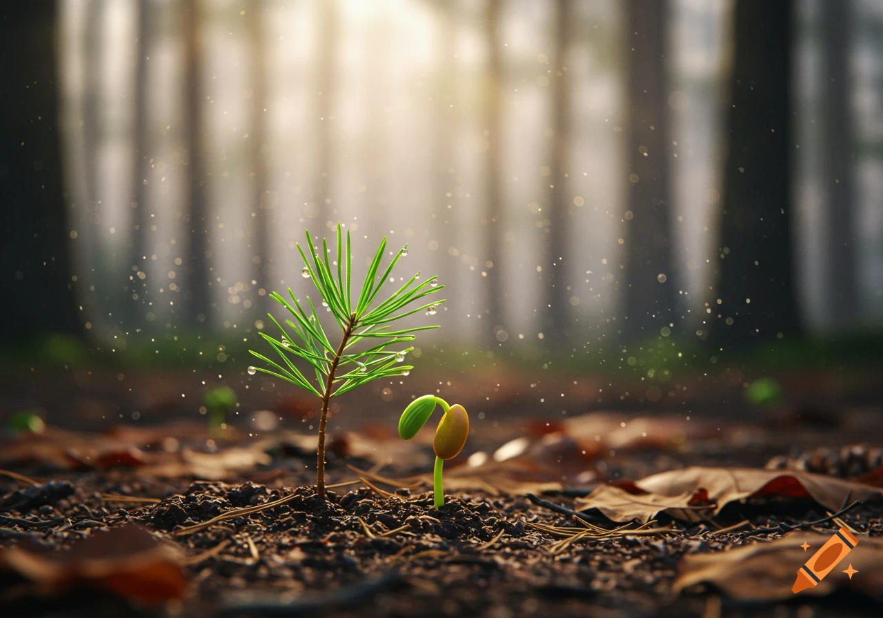 A small pine seedling and a green sprout grow in damp soil with fallen leaves against a blurry, sunlit forest background.
