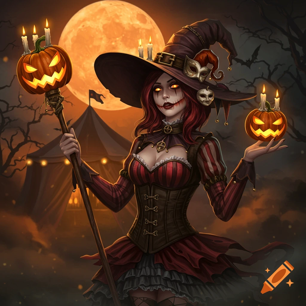 A gothic witch with glowing orange eyes in a striped corset dress holds a jack-o-lantern staff and pumpkin.
