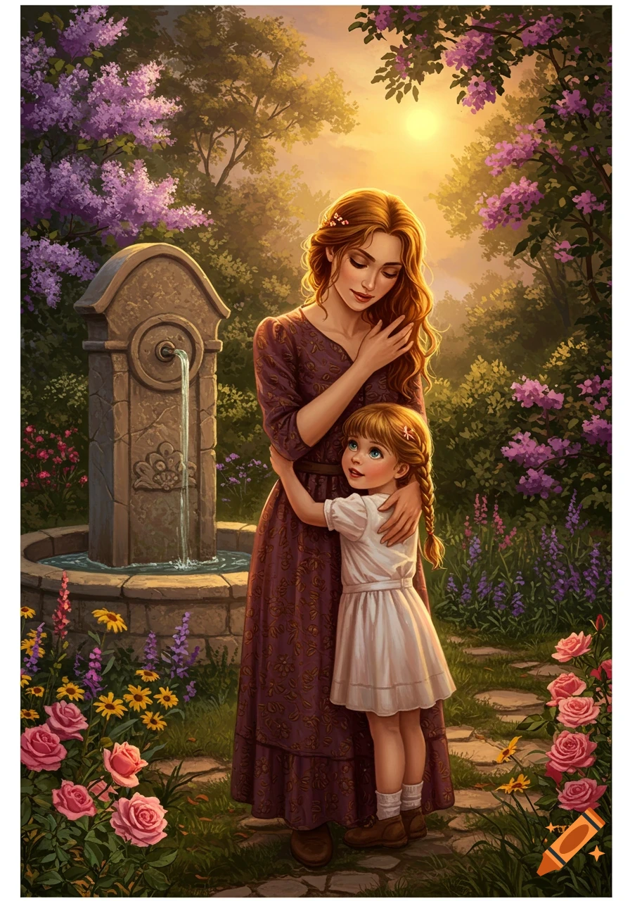 A woman and a little girl embrace in a vibrant, sunlit garden with a stone fountain and blooming flowers, digital art.