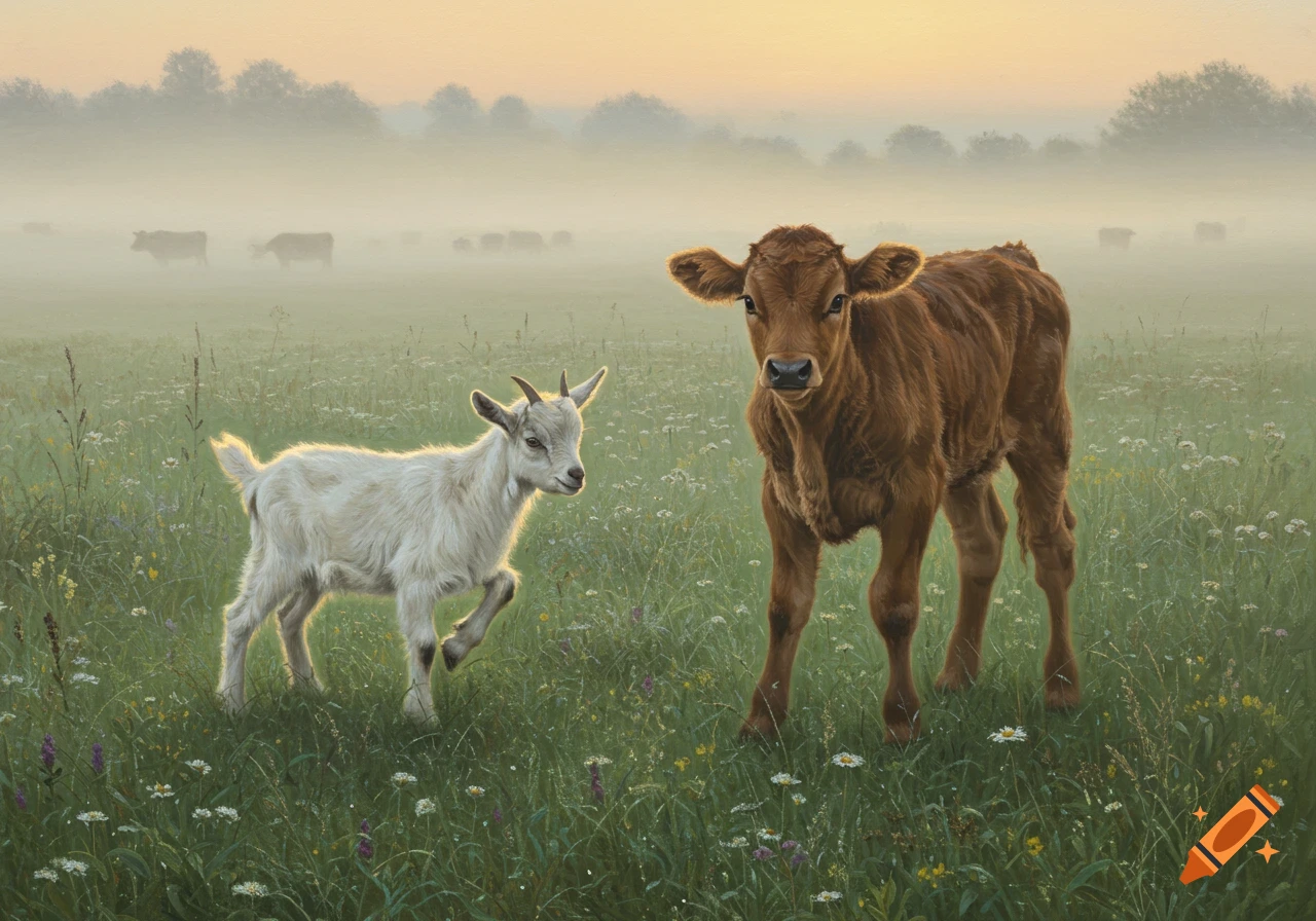 A young white goat and a brown calf stand in a misty green field with wildflowers, with blurred cows in the background.