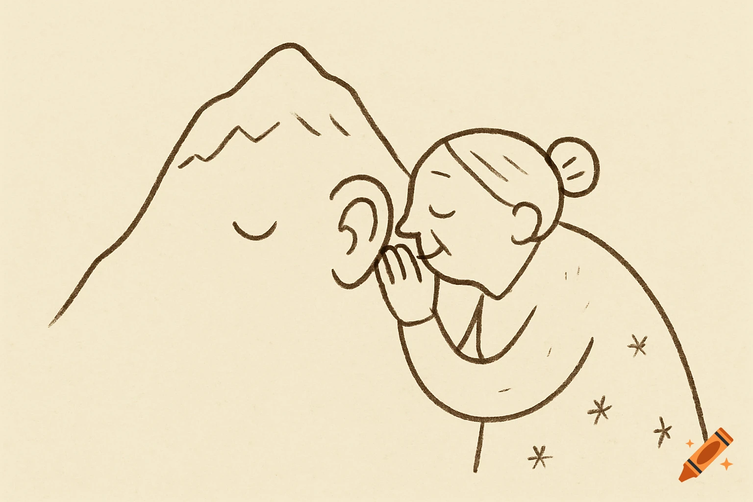 A wobbly simple line illustration of an old lady whispering into the ear of an anthropomorphic mountain.