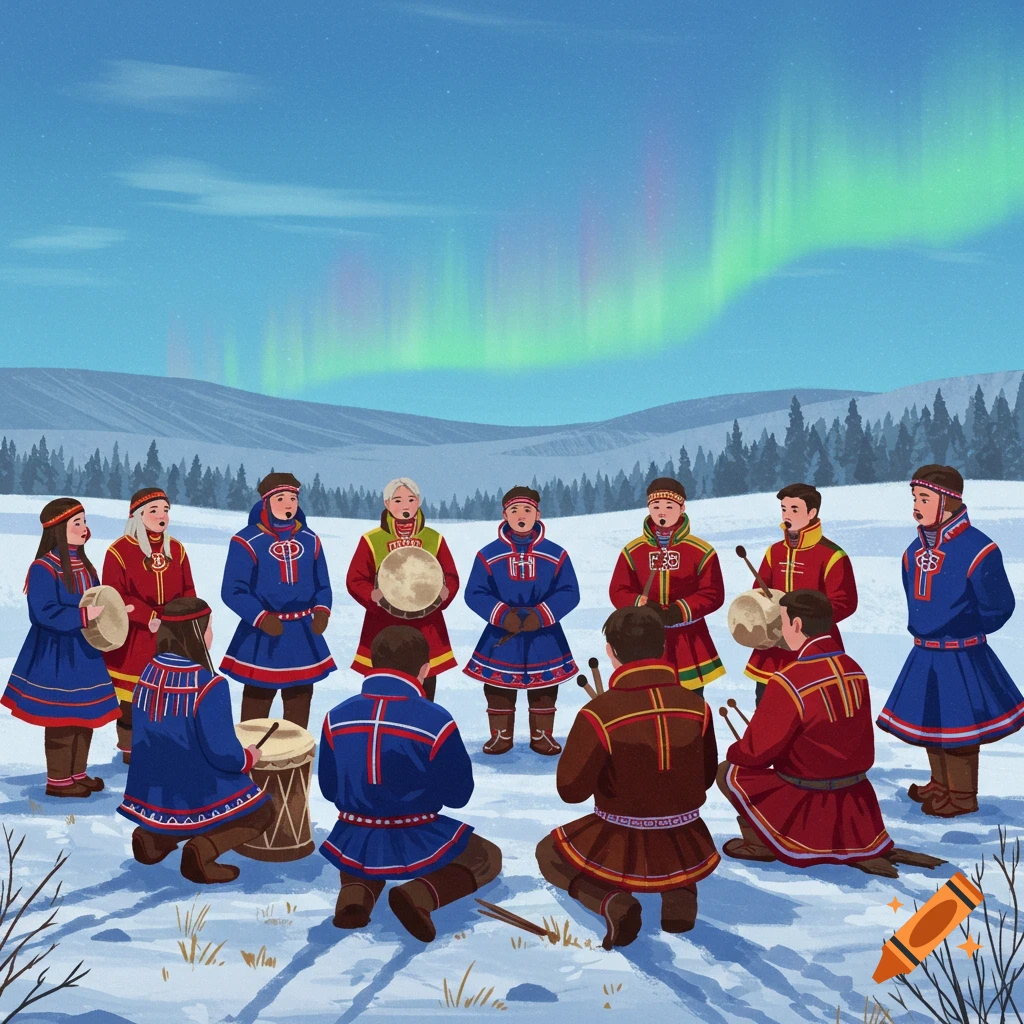 Illustration of Sámi people in traditional clothing performing music with drums in a snowy landscape under the aurora borealis.