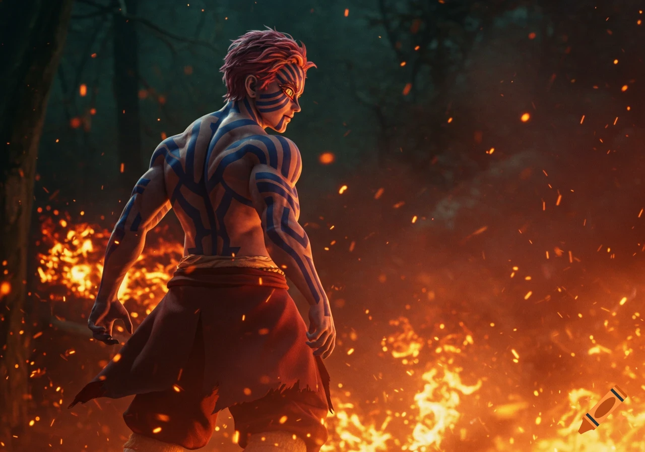 A muscular male character with red hair and blue tribal markings stands in a dark, fiery forest, looking over his shoulder. Realistic fantasy art style.