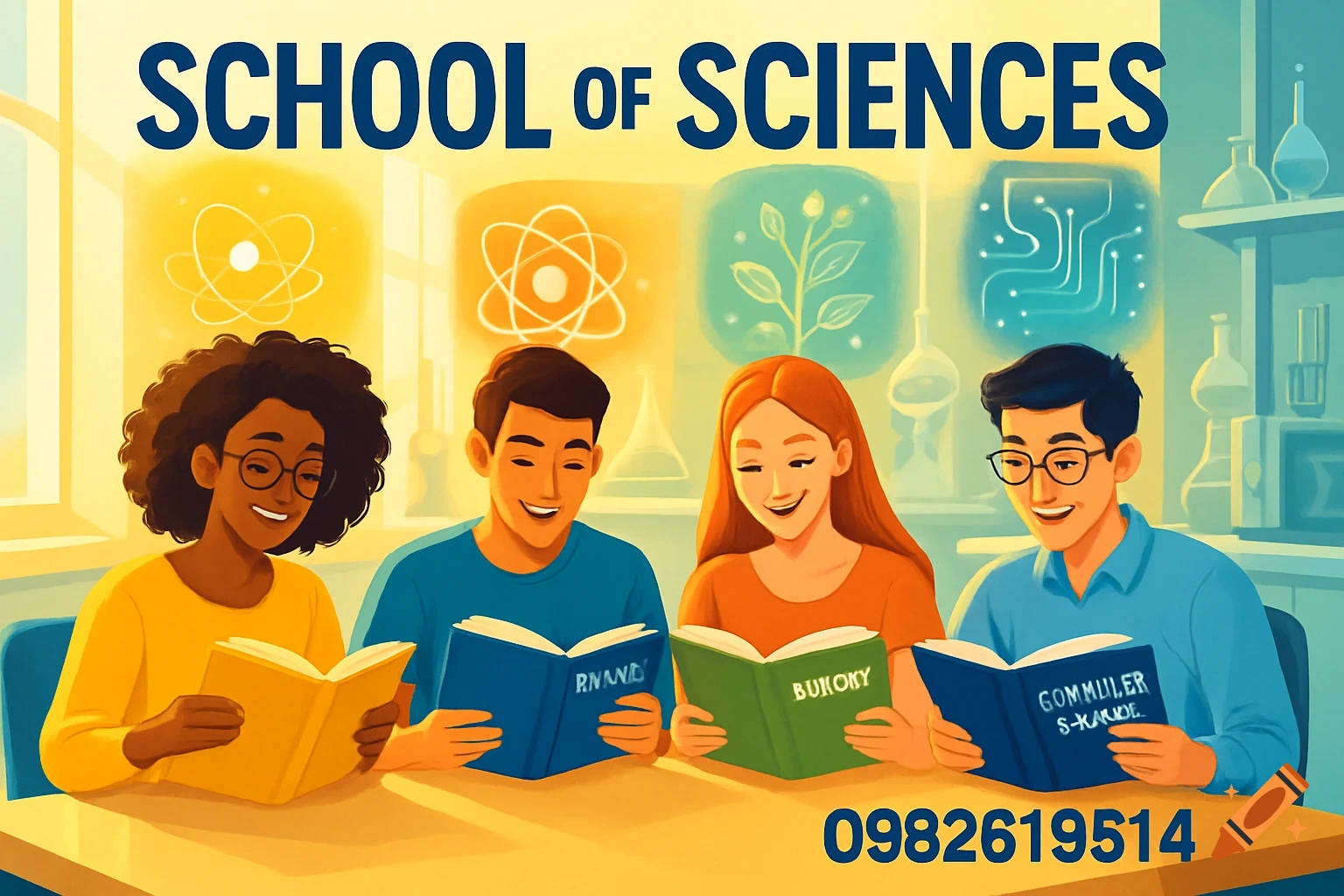 Four diverse students, two men and two women, smiling and reading books at a table, with "SCHOOL OF SCIENCES" and a phone number displayed. The background shows scientific symbols and lab equipment.