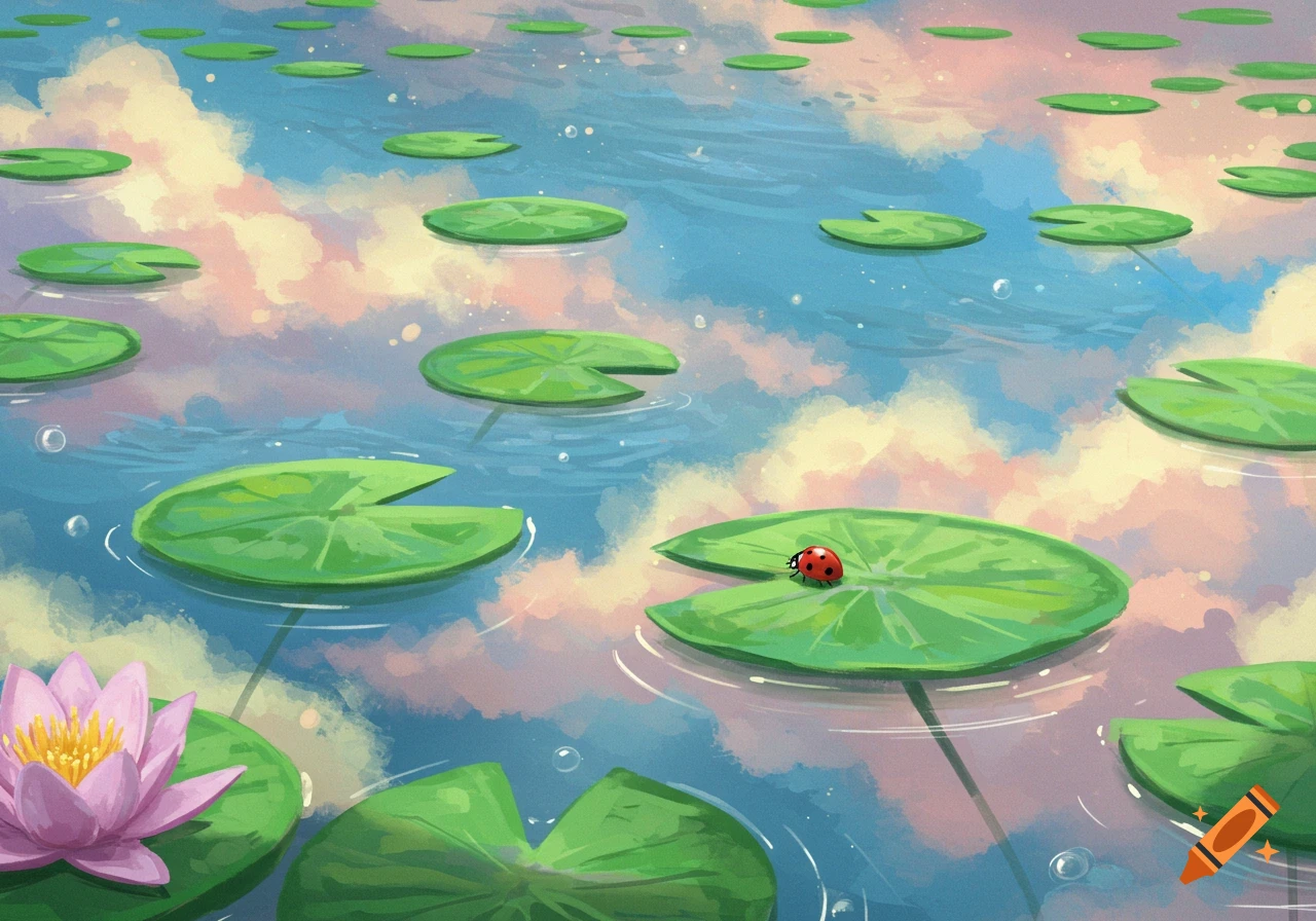 A serene pond with green lily pads, a pink water lily, and a red ladybug, reflecting a cloudy sky in a painterly style.