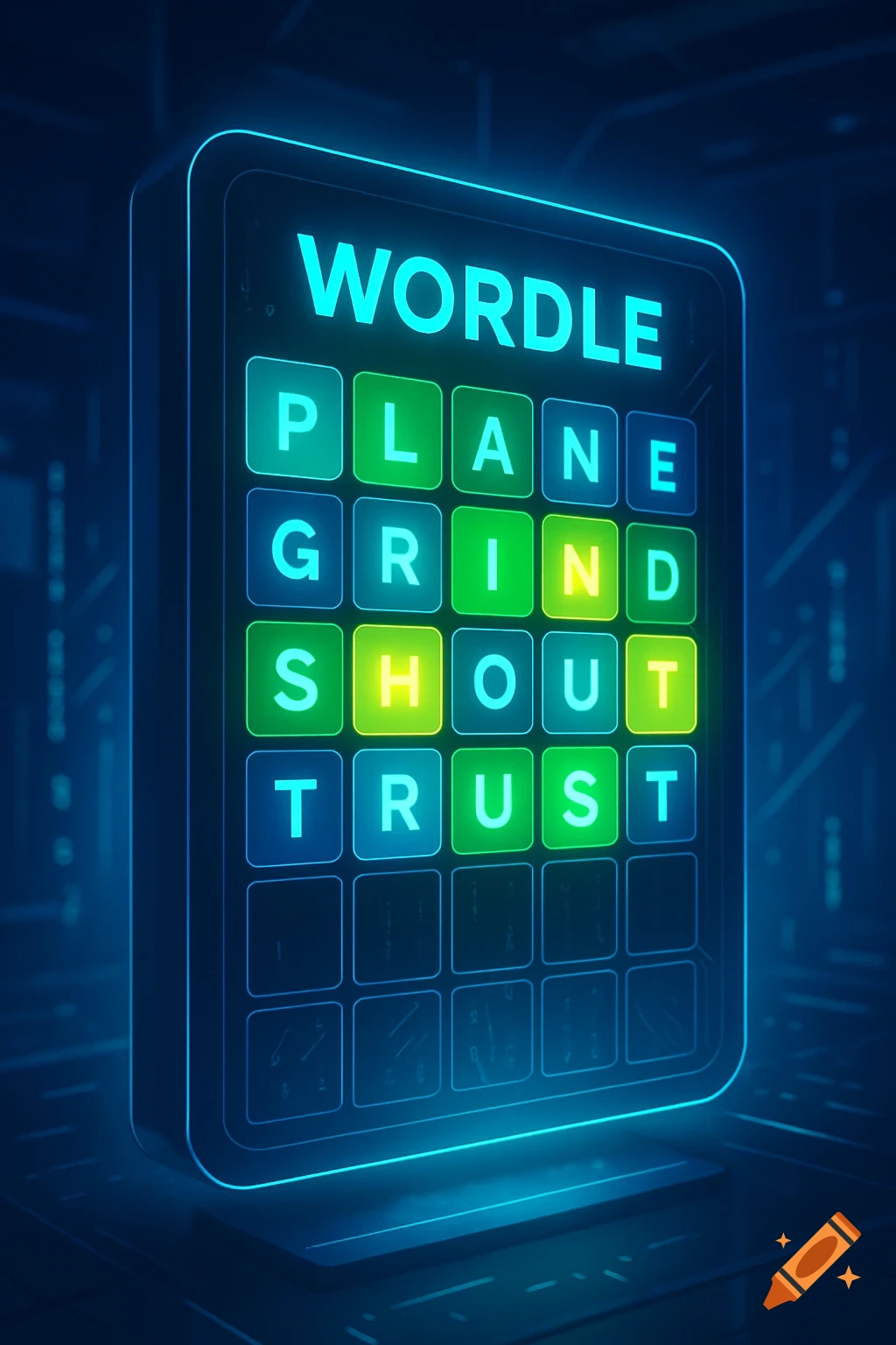 A glowing digital Wordle game screen displaying words like PLANE, GRIND, SHOUT, and TRUST, against a dark, futuristic background.