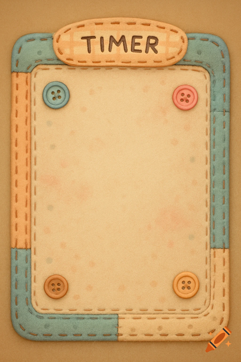 Felt-textured UI background with sewn blue and orange edges, four colorful buttons, and the word "TIMER" at the top, in a ragdoll style.