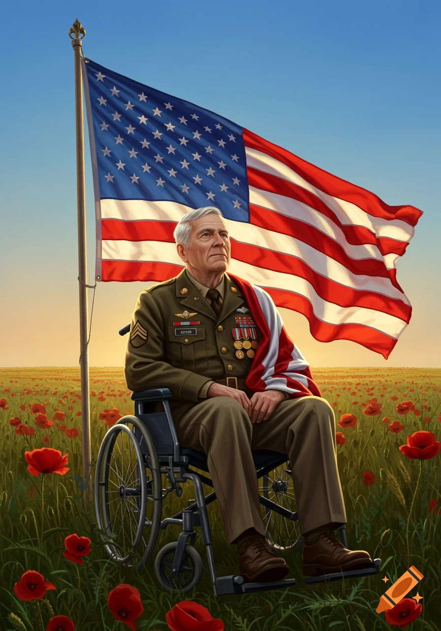A dignified senior American soldier in a wheelchair, draped with the USA flag, in a field of red poppies at sunset.