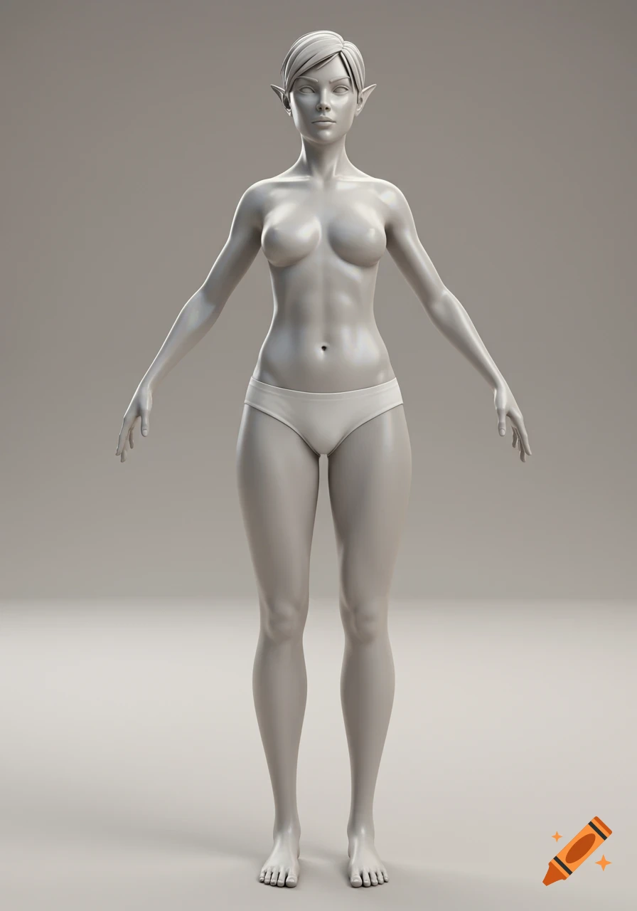 A gray 3D render of a female elf game character with short hair in white underwear, standing in a T-pose.