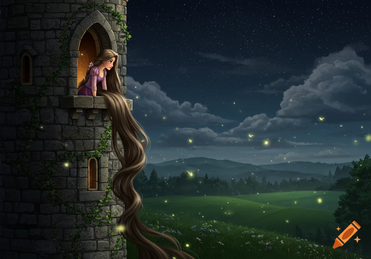 Rapunzel with long brown hair looks out a stone castle tower window at a night landscape filled with glowing fireflies.