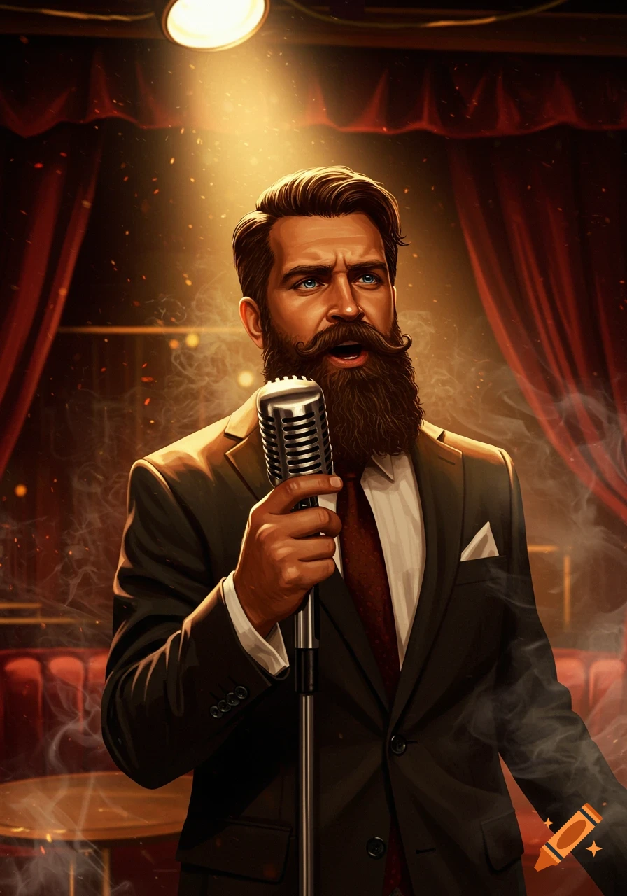 Illustrative portrait of a bearded man in a suit singing into a vintage microphone under a spotlight on a stage.