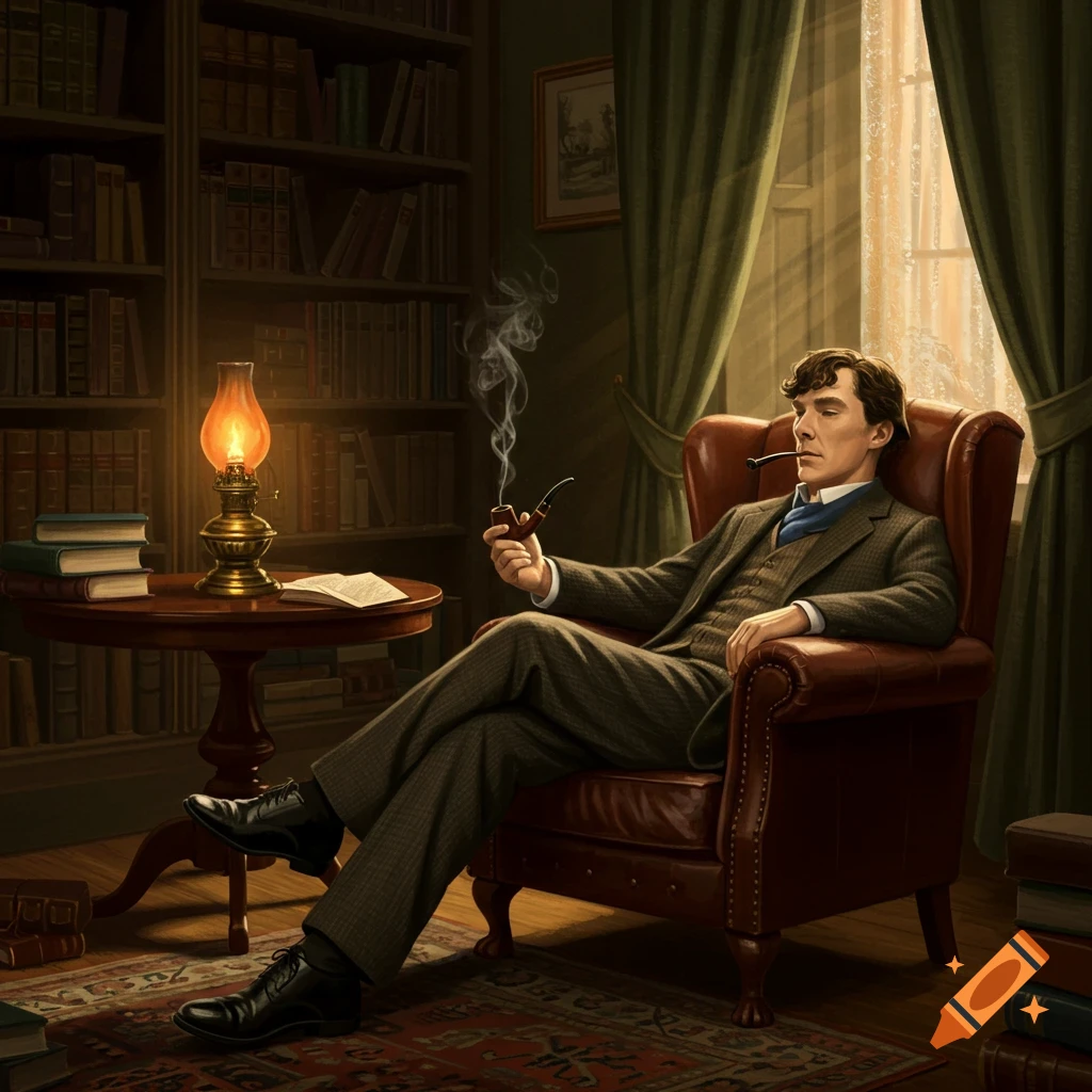 Sherlock Holmes smoking a pipe in an armchair in a dim library with bookshelves and a lit lantern.