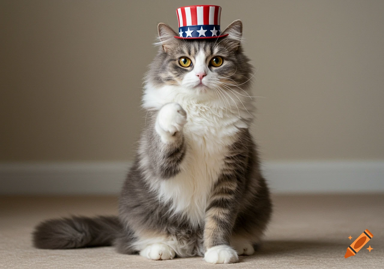 A fluffy gray and white cat wearing a patriotic Uncle Sam hat sits, raising one paw.