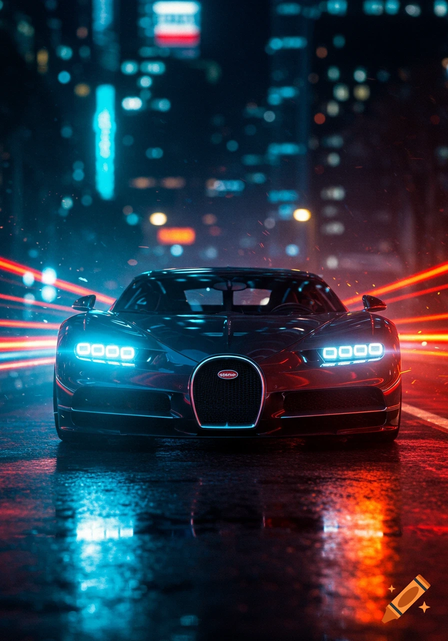 A sleek, dark Bugatti sports car with glowing blue headlights on a wet city street at night, with blurred red and blue lights.