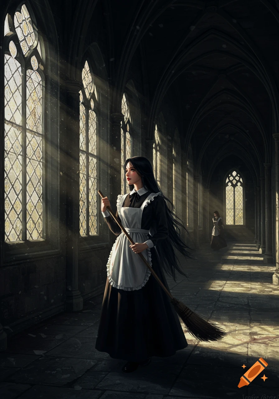 A young woman in a maid's uniform holds a broom in a gothic castle corridor, illuminated by ethereal light from tall windows.