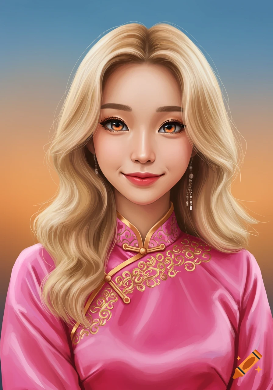 A digital art portrait of a young woman with blonde hair and orange eyes, wearing a pink traditional tunic with gold embroidery.