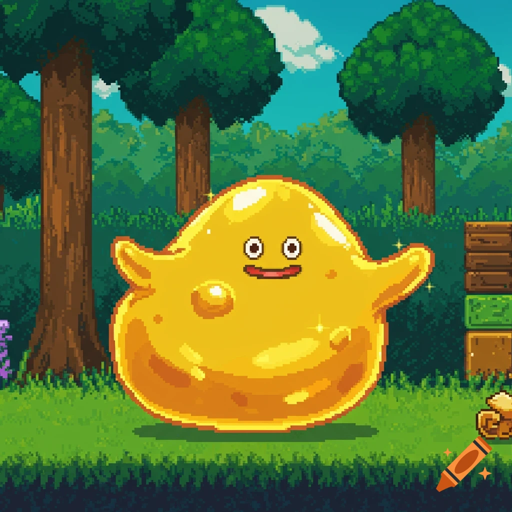 A friendly yellow slime with a happy face stands in a vibrant pixel art forest.