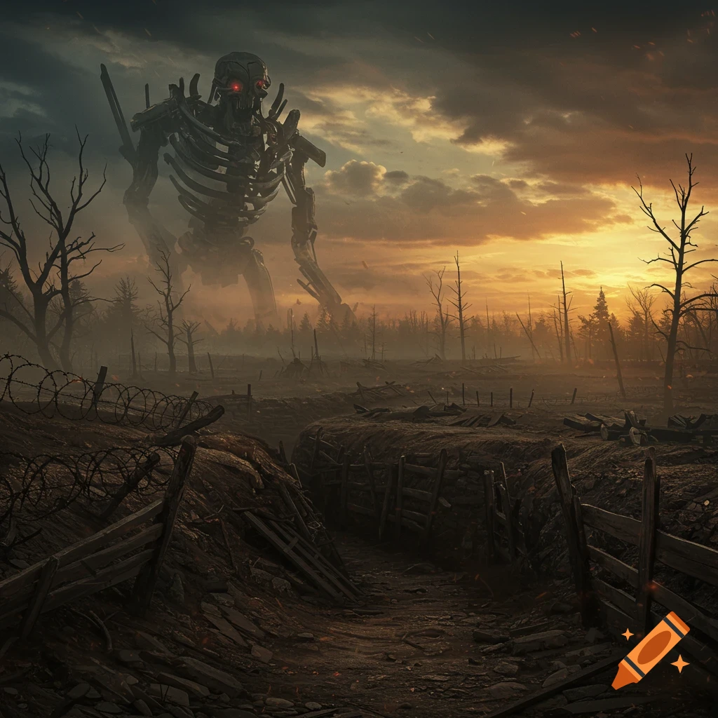 A colossal skeletal robot with glowing red eyes looms over a desolate, war-torn trench landscape at sunset.