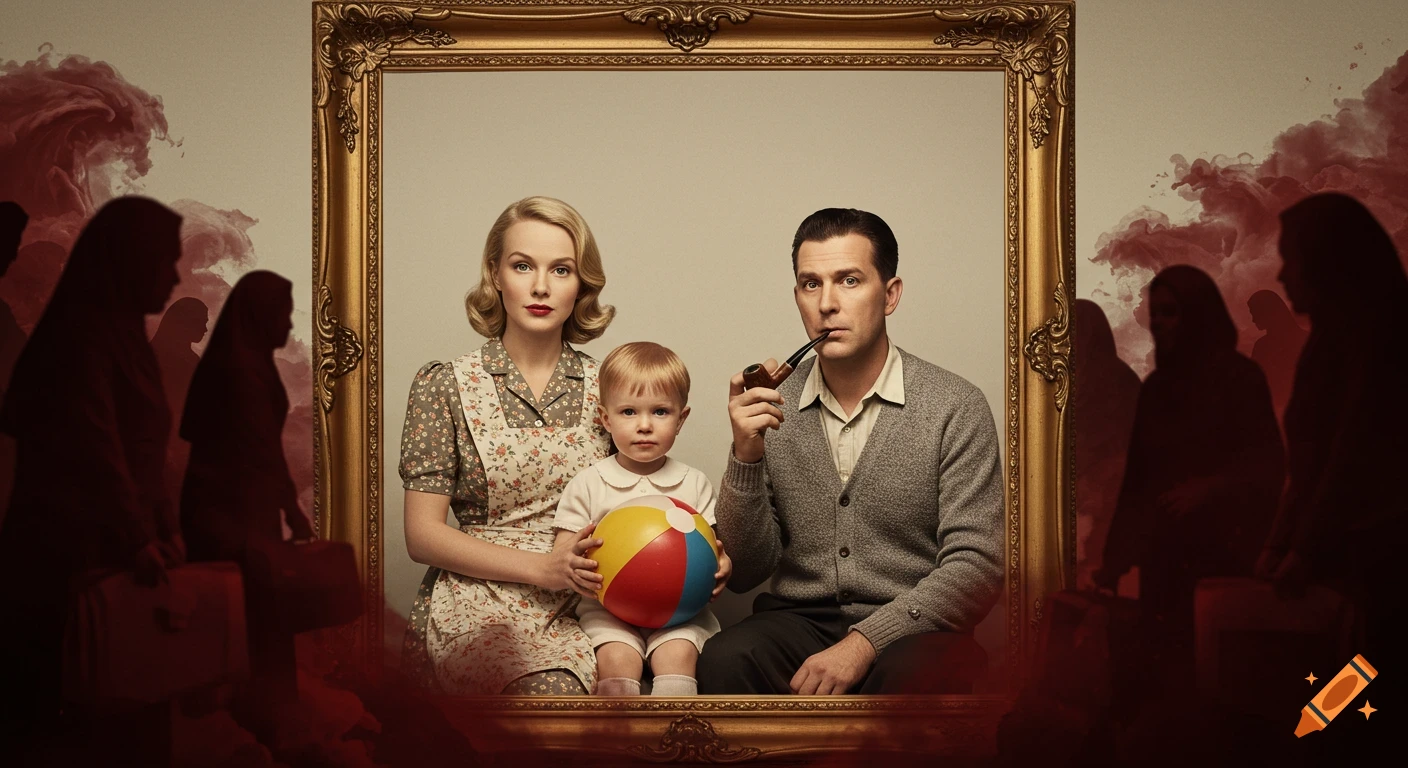 A 1950s-style family (mom, dad with pipe, child with ball) in a gold frame. Dark, blurry figures and red smoke surround them.