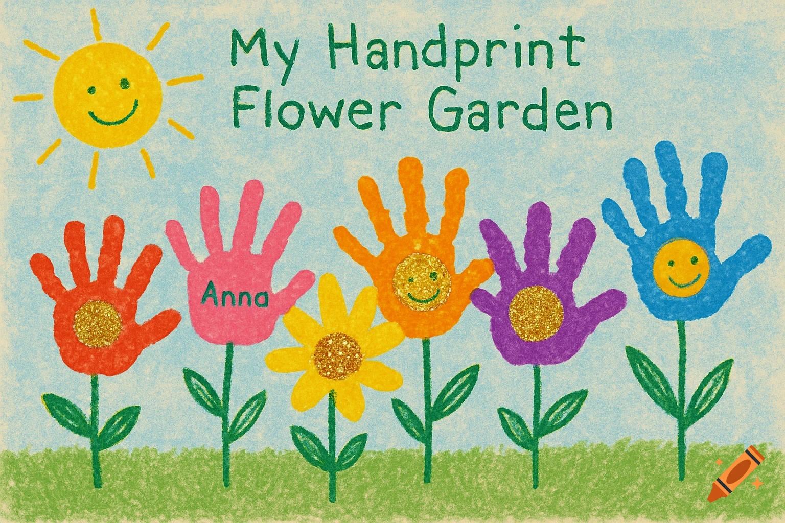A colorful crayon and finger paint drawing titled 'My Handprint Flower Garden' with a sun and five handprint flowers, one named 'Anna'.