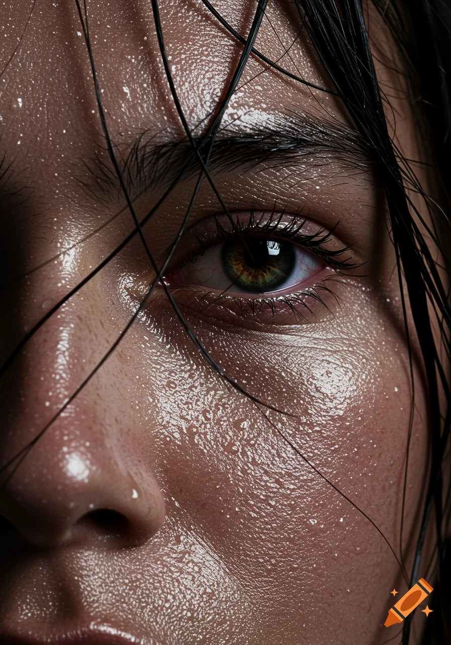 Extreme close-up of a person's wet face with dewy skin, wet hair strands over the eye, and a focused eye with a green iris.