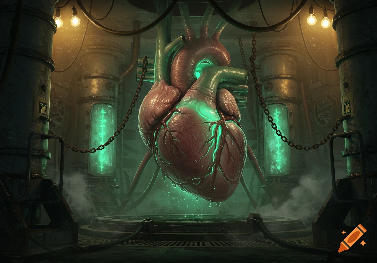 A giant, glowing, stylized heart suspended by chains and tubes in a dark, old, steampunk-style laboratory.