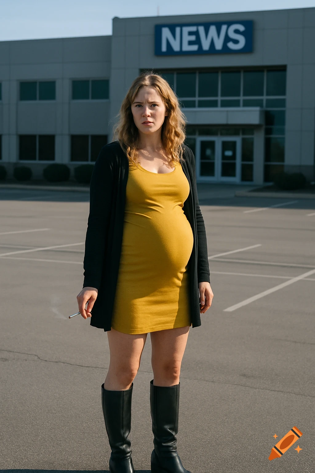 A pregnant woman in a yellow dress and black boots stands in a parking lot, smoking a cigarette, with a 'NEWS' building in background.
