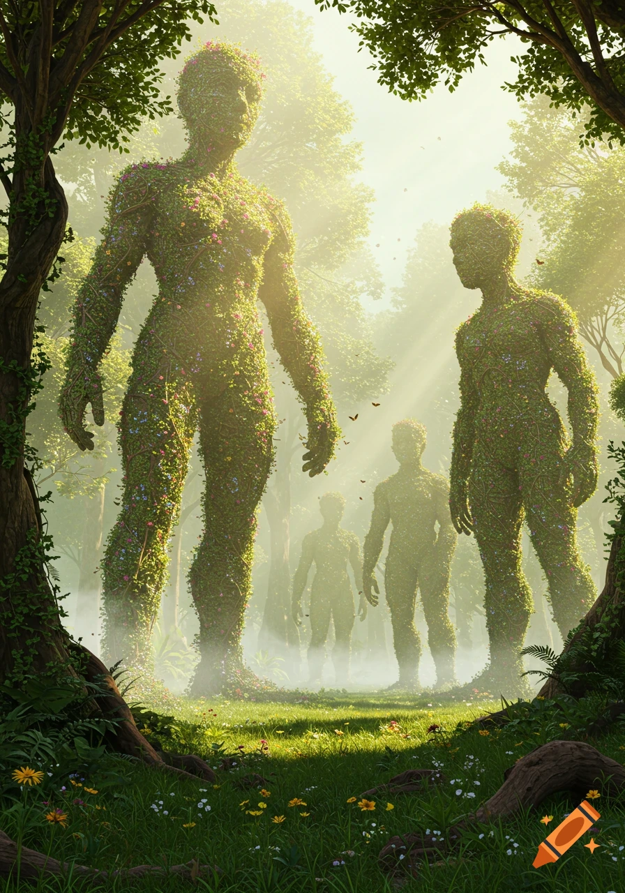 Giant, moss-covered humanoid figures stand in a misty, sunlit forest clearing, surrounded by trees and wildflowers.
