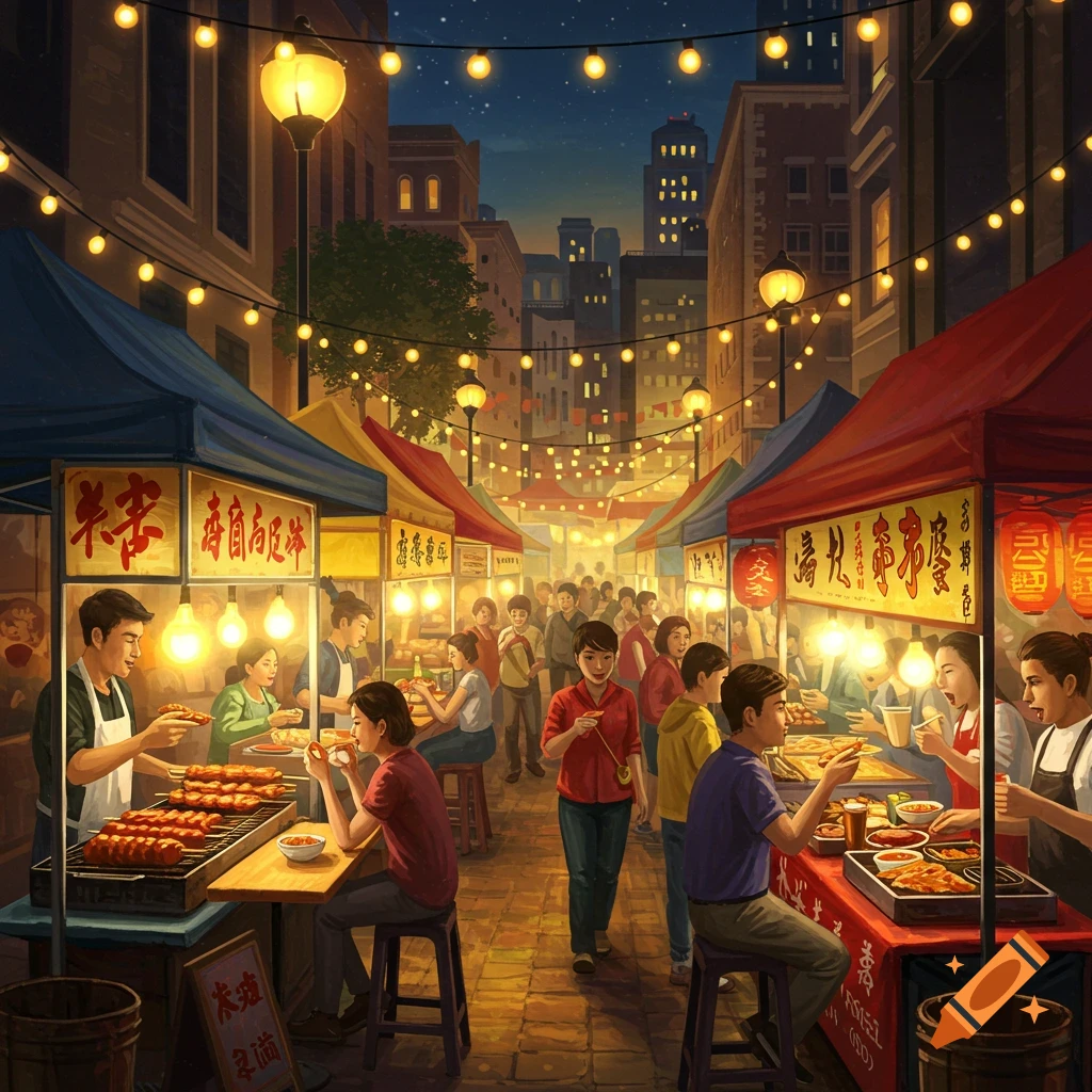 Vibrant night market scene with bustling crowds, food stalls, glowing lanterns, and people eating under string lights.