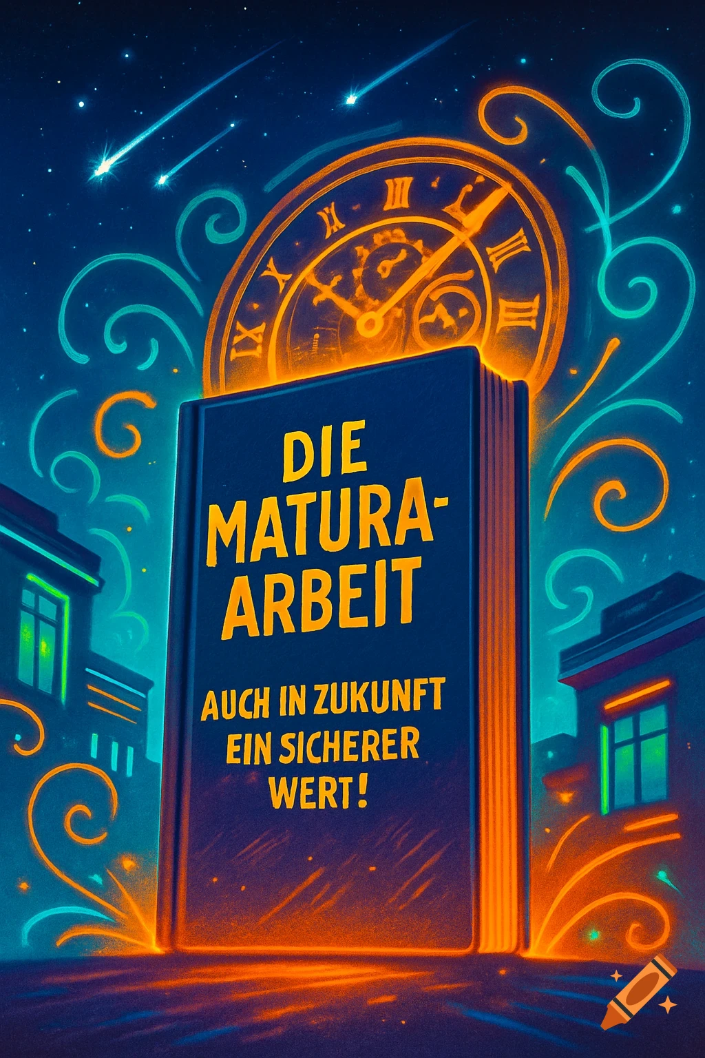 Stylized illustration of a glowing book titled 'Die Maturaarbeit' in a futuristic cityscape under a starry sky with a large clock.
